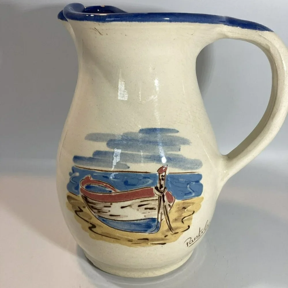 Ceramiques Signed Pantaleu Pitcher Vase Spain Glazed Cream Blue Beach‎ Scene